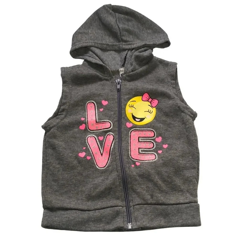 Girls Love Emoji Gray Hooded Vest Sleeveless Zip Up Top Casual Kids